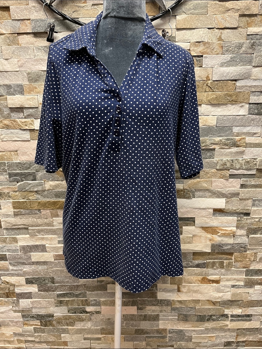 Susan Graver Navy Polka Dot Button-Front Collared Top